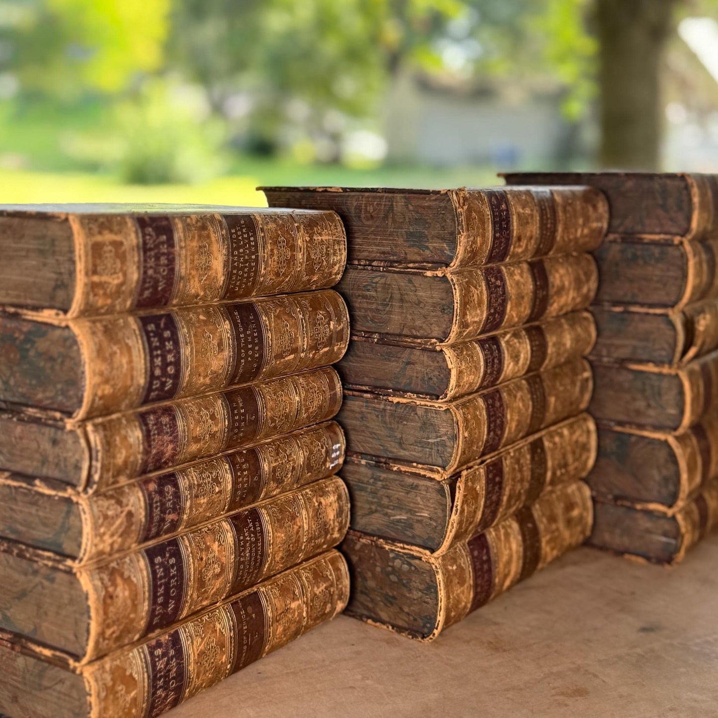 Antique Leather Works of John Ruskin Book Set, 1887, 18 Volumes