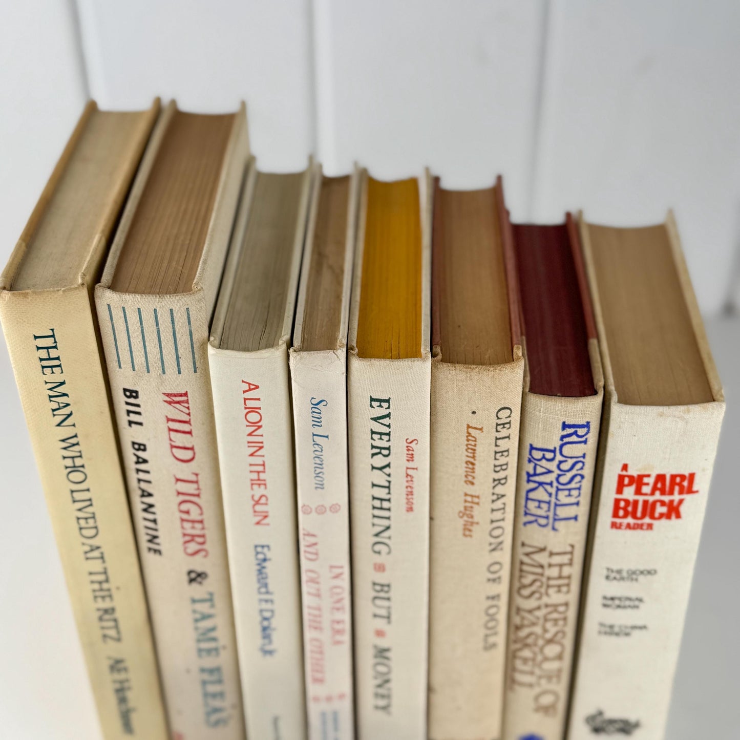 Vintage Cream and Green Textured Linen Book Set: Cozy Mid Century Shelf Decor