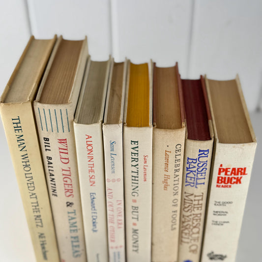 Vintage Cream and Green Textured Linen Book Set: Cozy Mid Century Shelf Decor