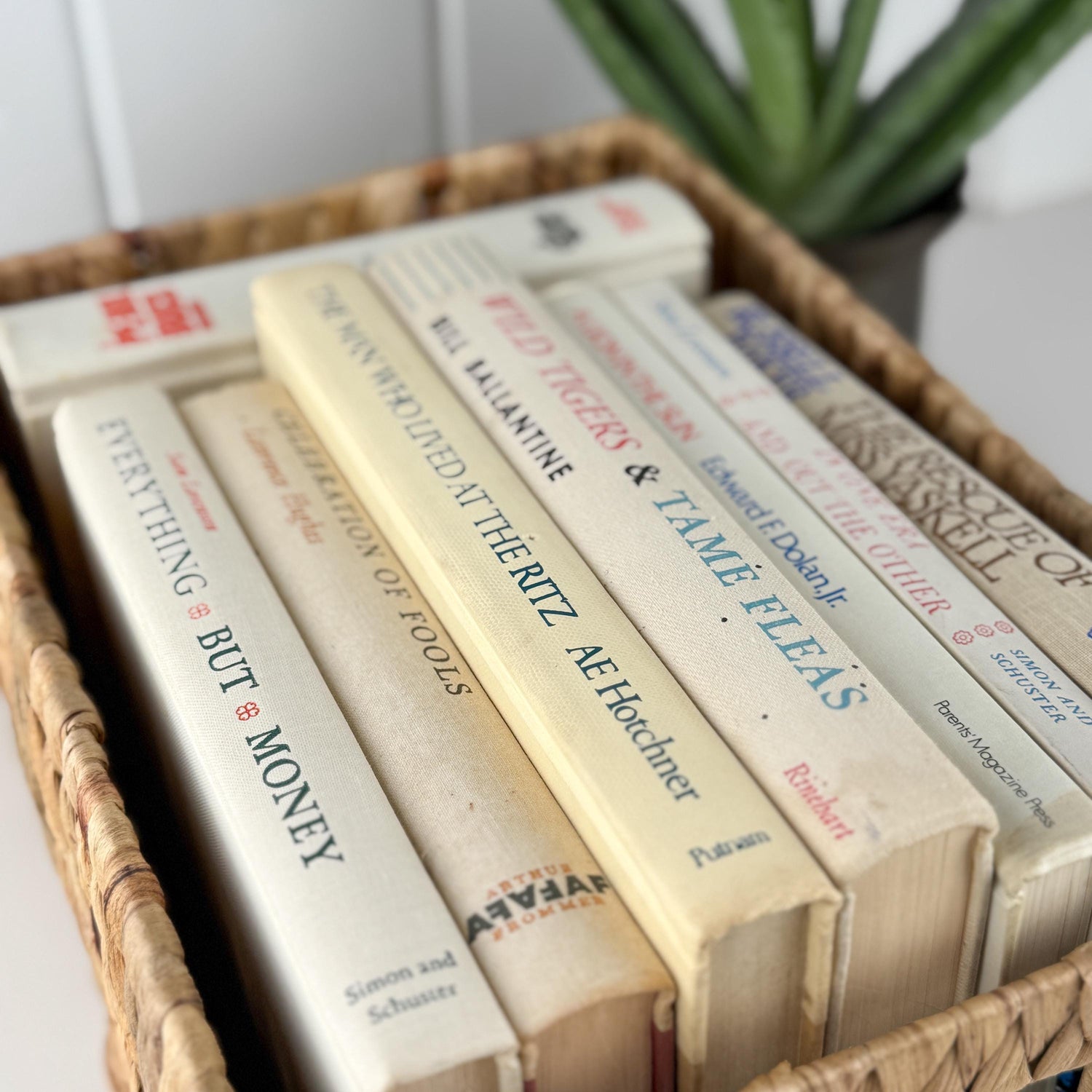 Vintage Cream and Green Textured Linen Book Set: Cozy Mid Century Shelf Decor