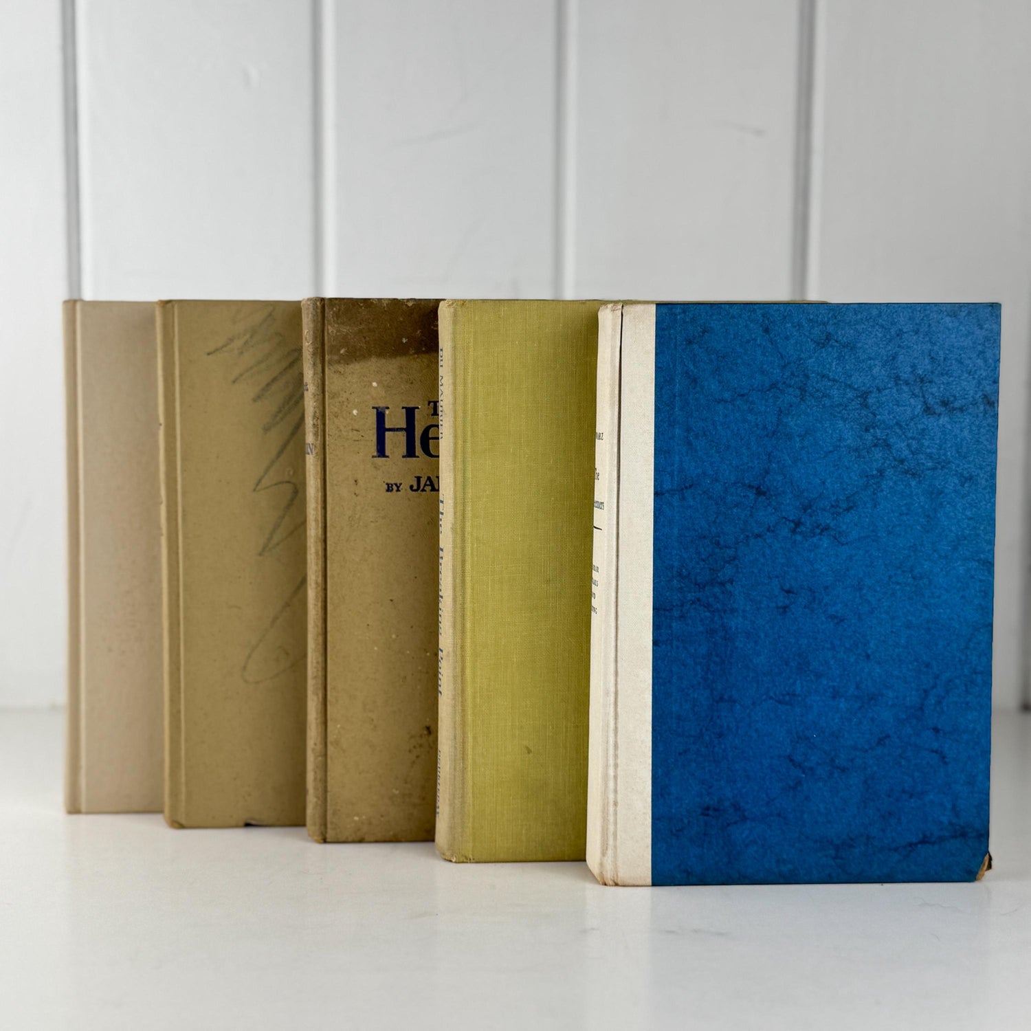 Neutral Shabby Vintage Books Bundle, Faded Blue and Beige Distressed Books for Shelf Styling