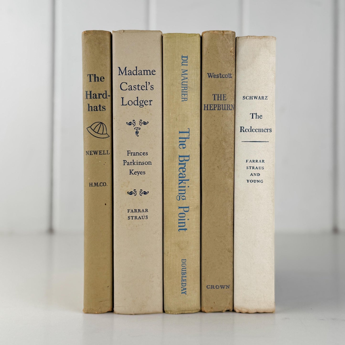 Neutral Shabby Vintage Books Bundle, Faded Blue and Beige Distressed Books for Shelf Styling
