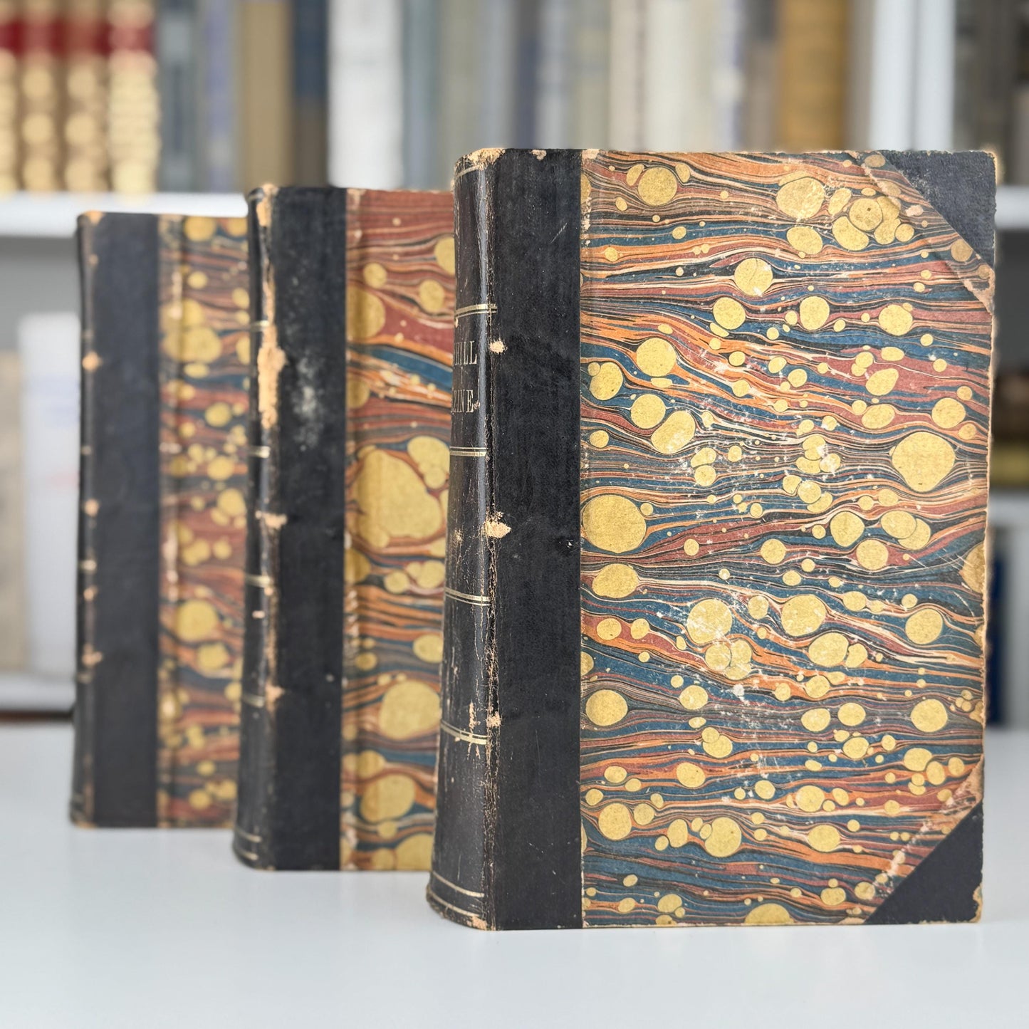 Antique Black Cornhill Magazine Leather-Bound Book Set for Shelf Styling and Home Library Decor