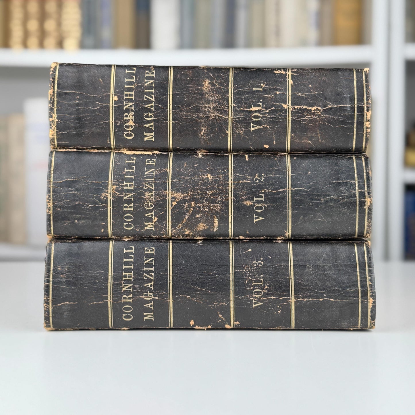 Antique Black Cornhill Magazine Leather-Bound Book Set for Shelf Styling and Home Library Decor