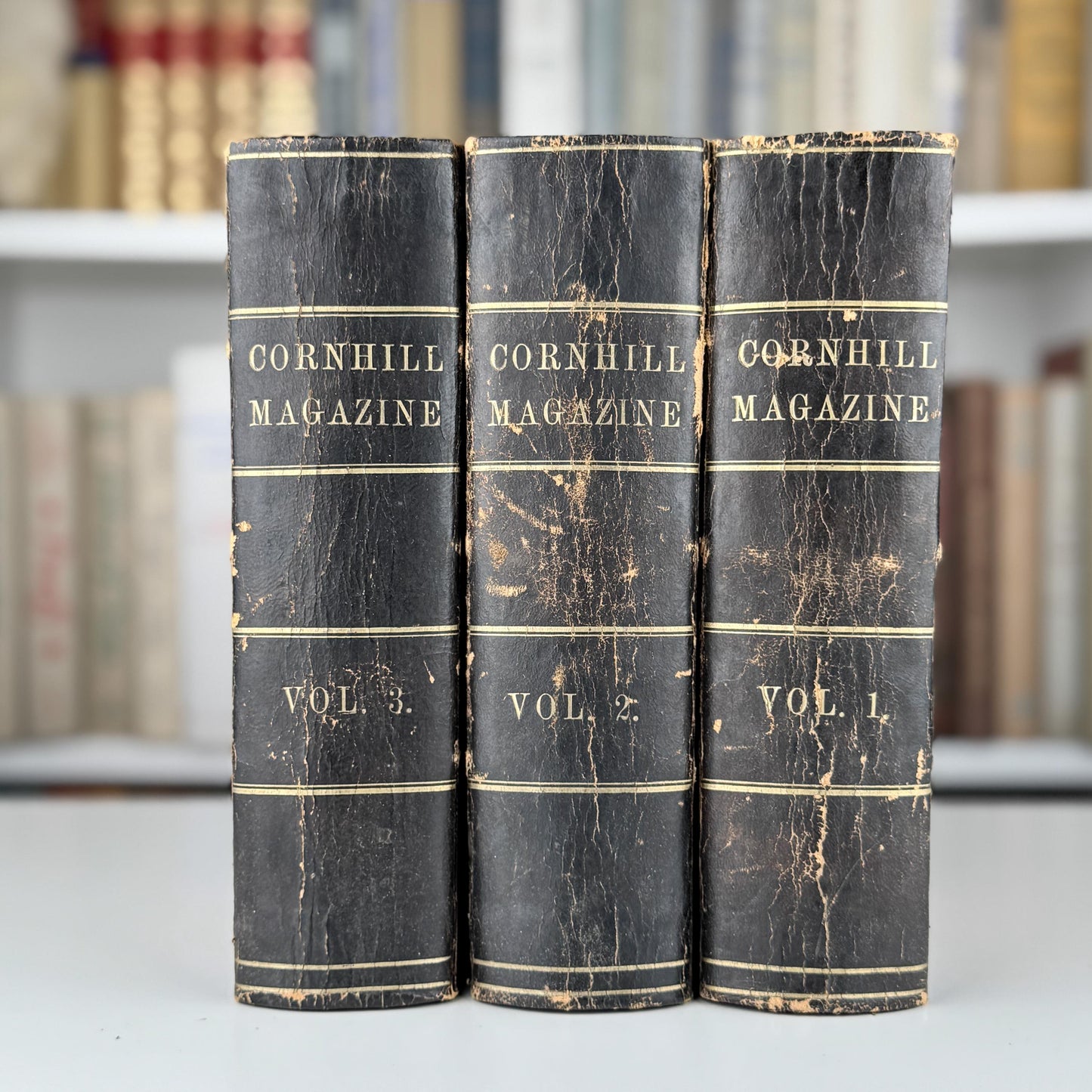 Antique Black Cornhill Magazine Leather-Bound Book Set for Shelf Styling and Home Library Decor