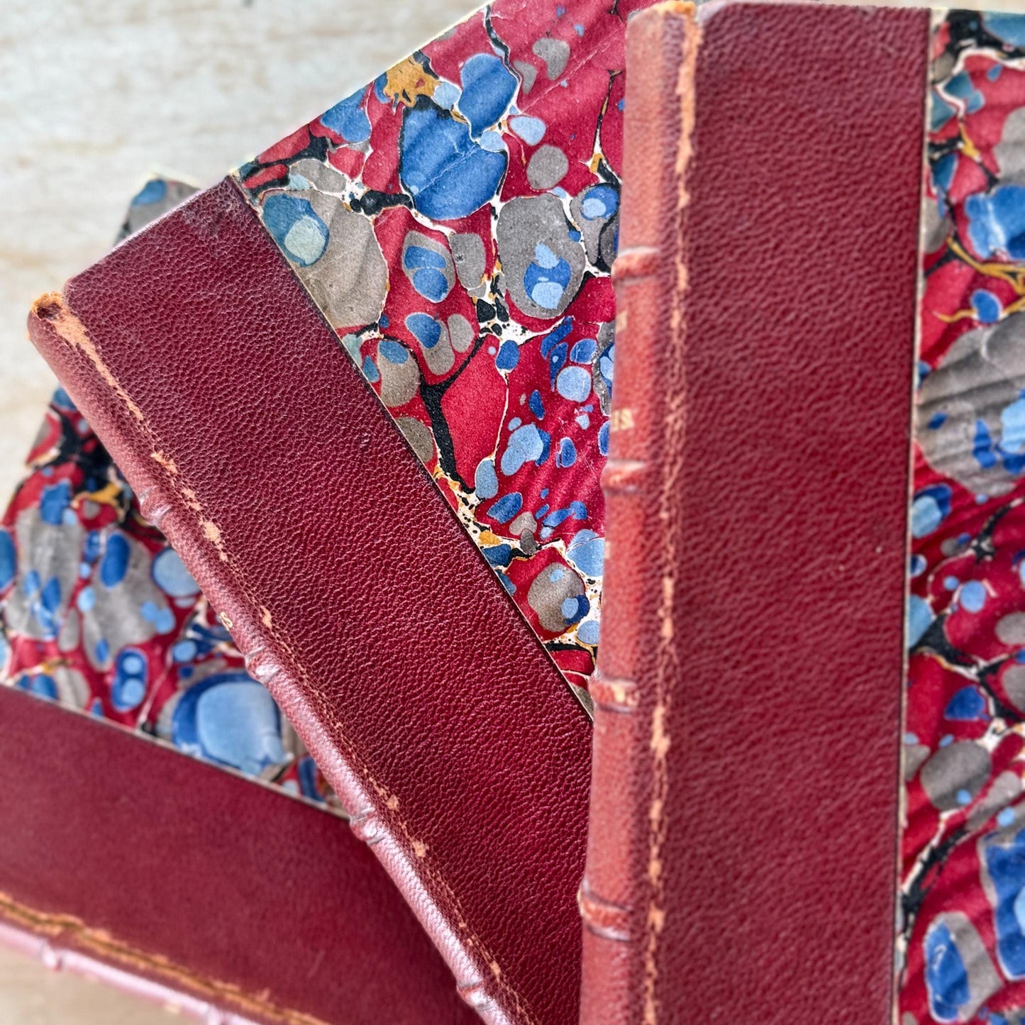 Antique Red Leather-Bound Books, Francois Villon Oeuvres, 3 Volumes (1,2,3), 1923