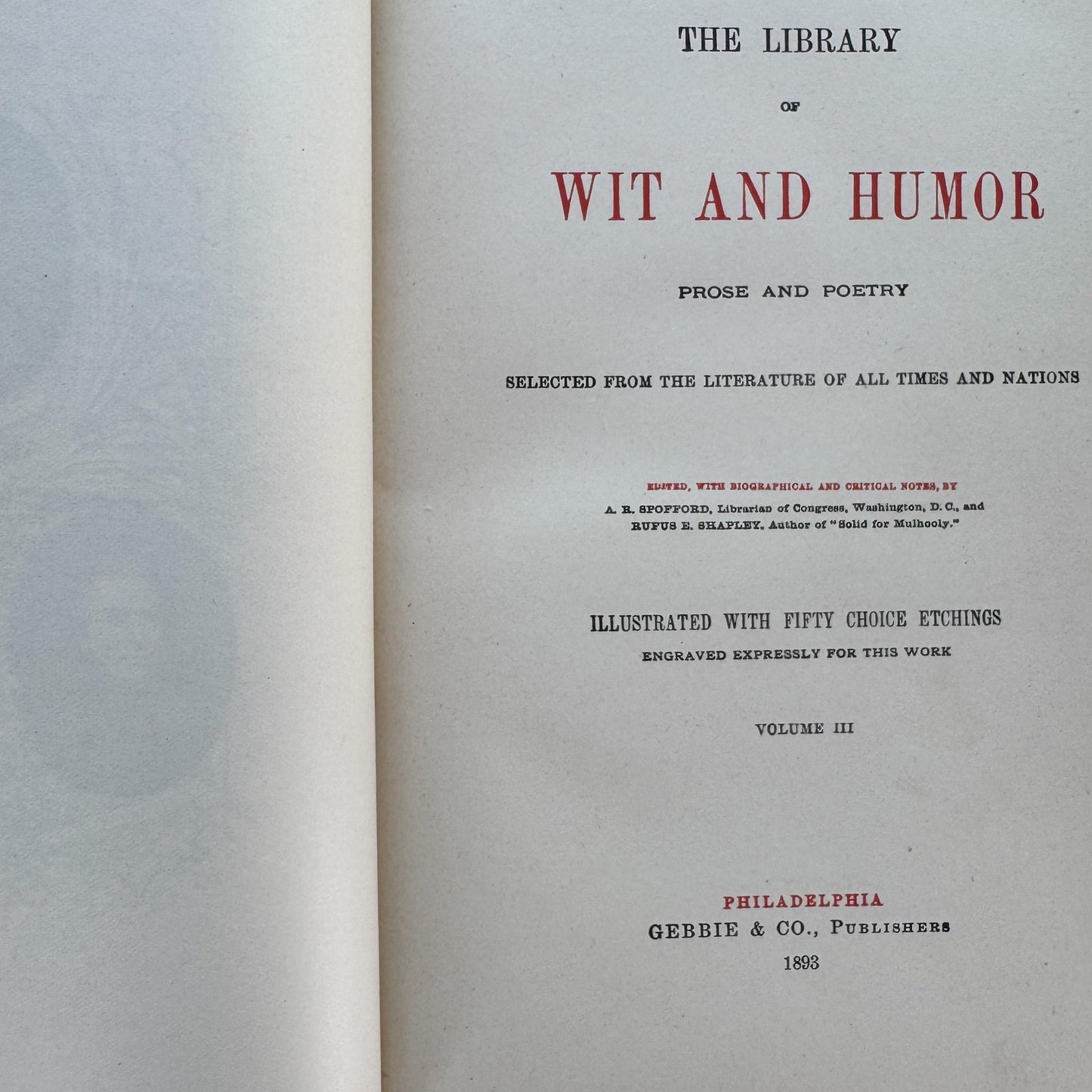 Antique Blue and Gold Ornate Books, The Library of Wit and Humor, 1893