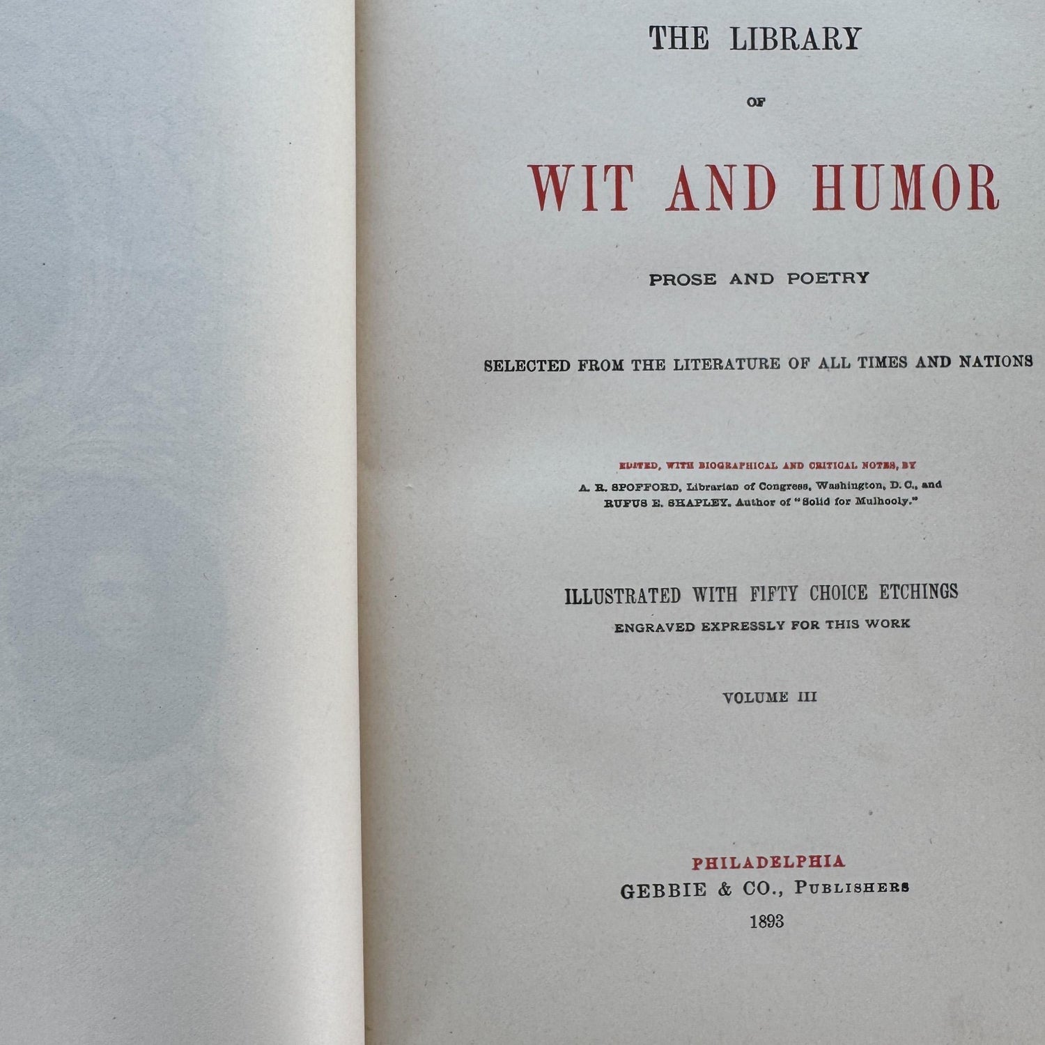 Antique Blue and Gold Ornate Books, The Library of Wit and Humor, 1893