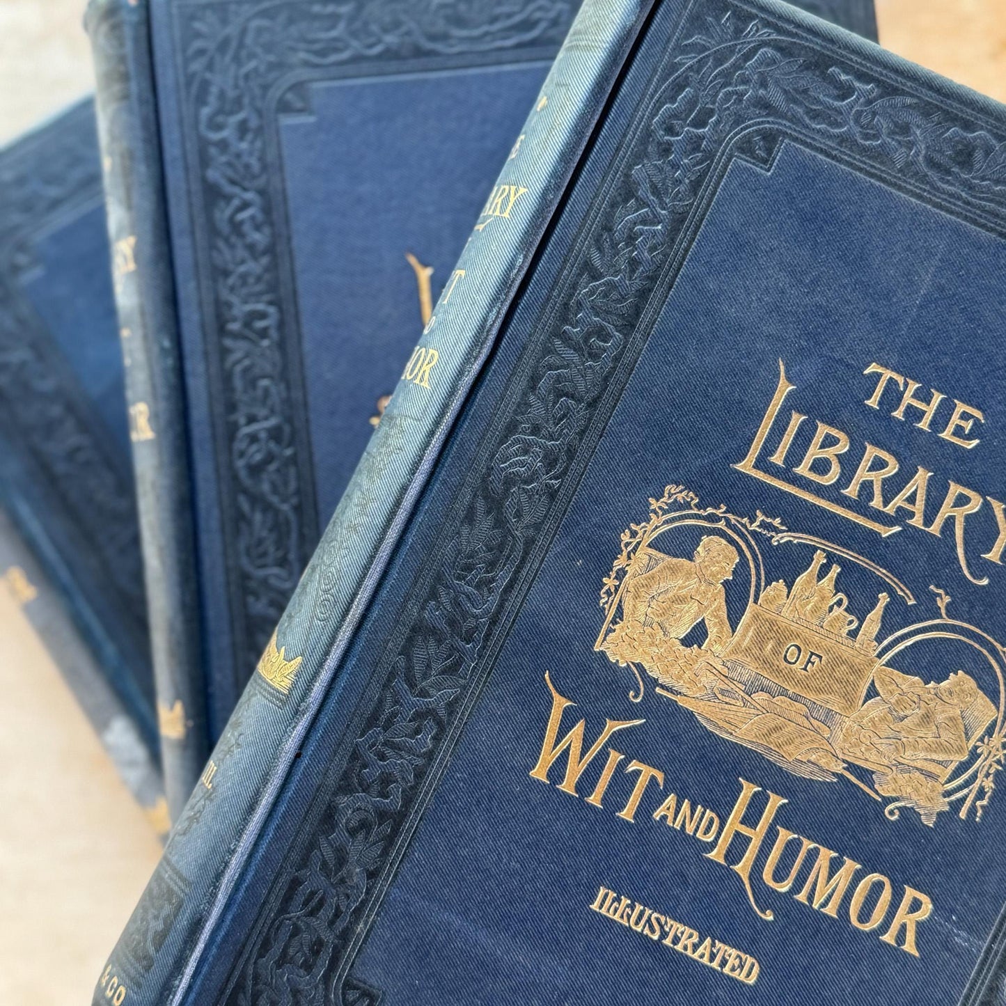 Antique Blue and Gold Ornate Books, The Library of Wit and Humor, 1893