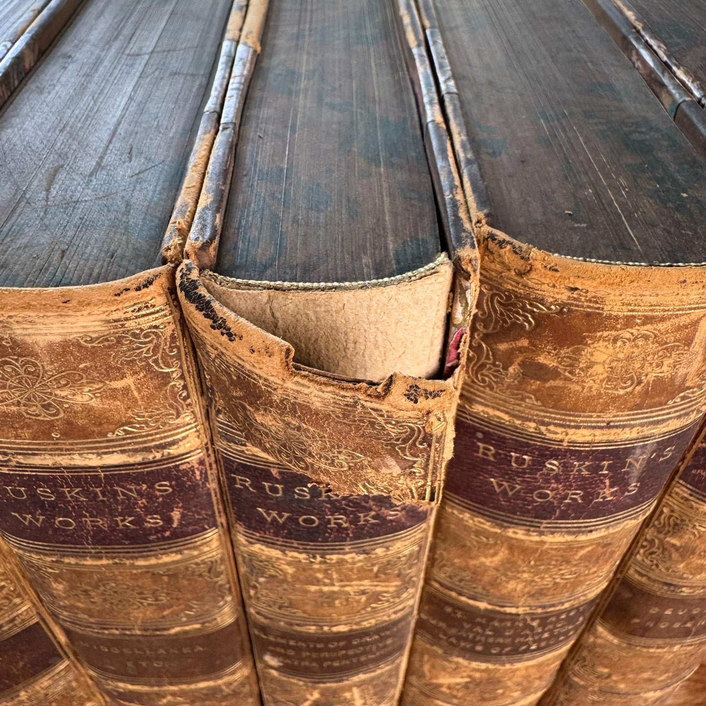 Antique Leather Works of John Ruskin Book Set, 1887, 18 Volumes