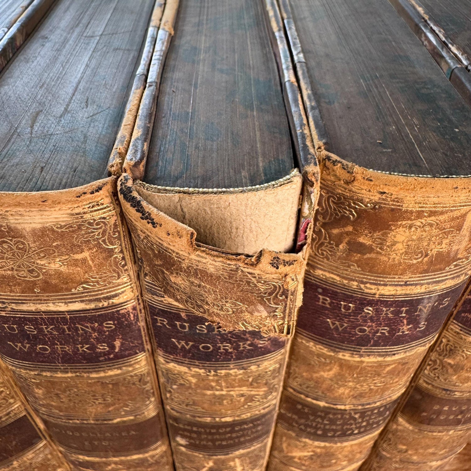 Antique Leather Works of John Ruskin Book Set, 1887, 18 Volumes