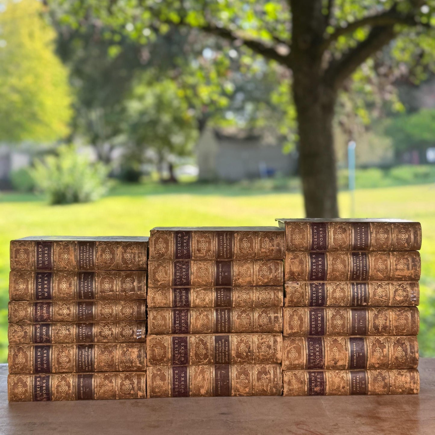 Antique Leather Works of John Ruskin Book Set, 1887, 18 Volumes