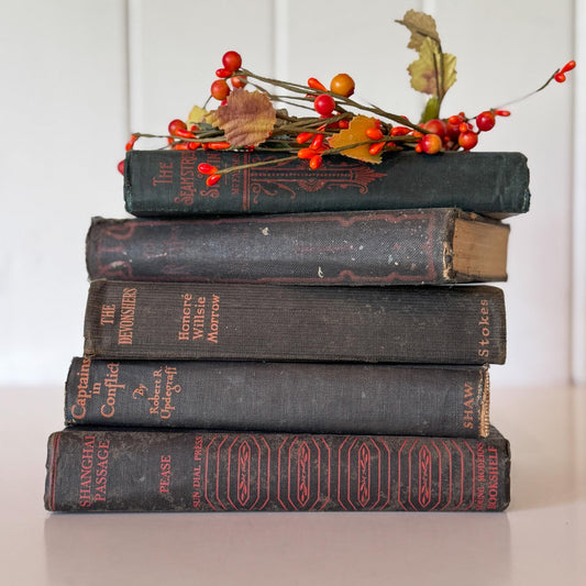 Shabby Old Black and Orange Book Bundle for Autumnal Shelf Styling and Gothic Decor