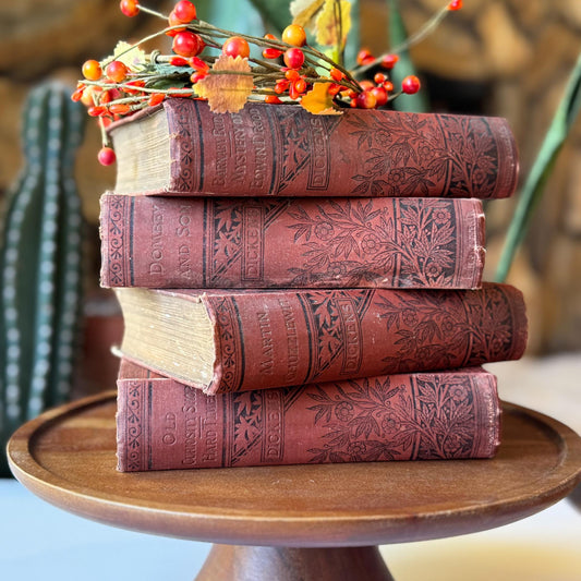 Antique Red Charles Dickens Book Set for Decor and Book Shelf Styling