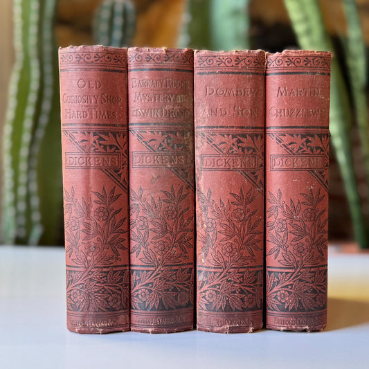 Antique Red Charles Dickens Book Set for Decor and Book Shelf Styling