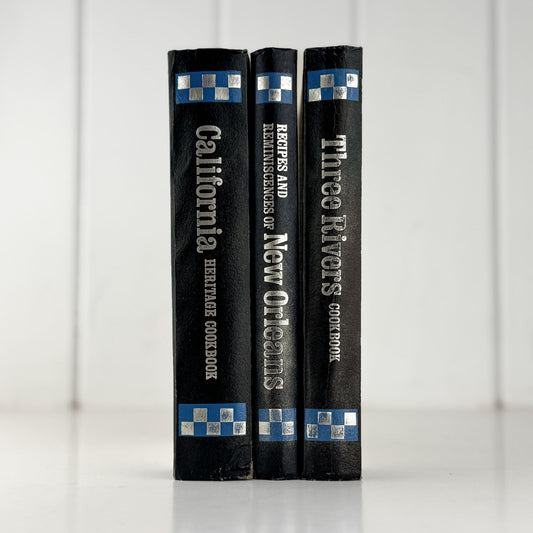Three Navy Blue Regional Cookbooks: California, New Orleans, Three Rivers, 1970s, Doubleday