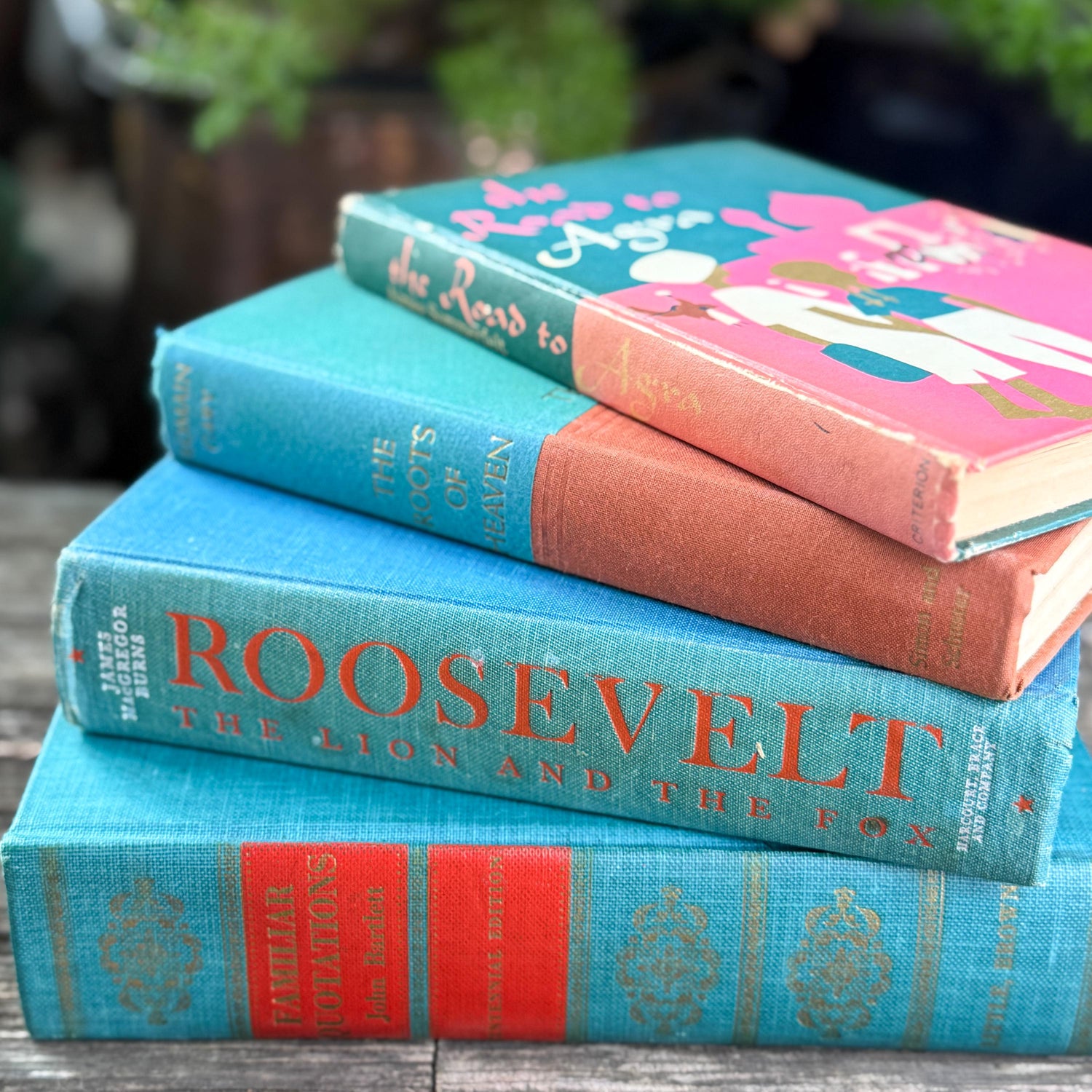 Teal Green and Coral Book Collection for Shelf Styling, Vintage Book Set