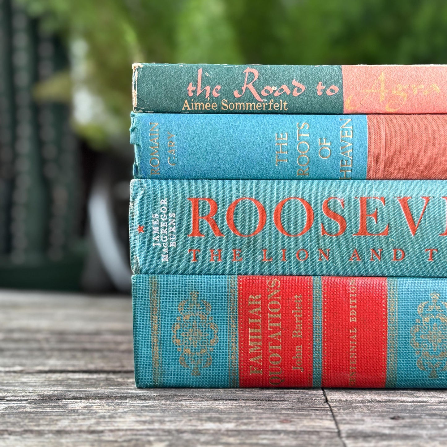 Teal Green and Coral Book Collection for Shelf Styling, Vintage Book Set