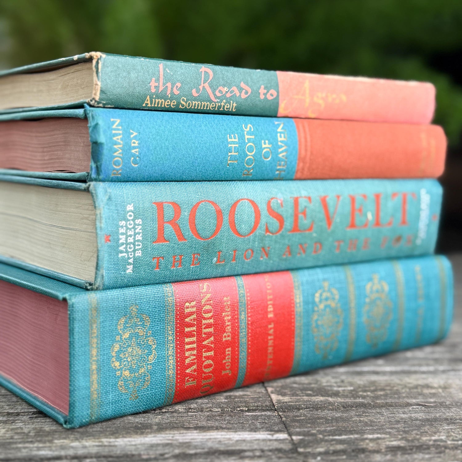 Teal Green and Coral Book Collection for Shelf Styling, Vintage Book Set