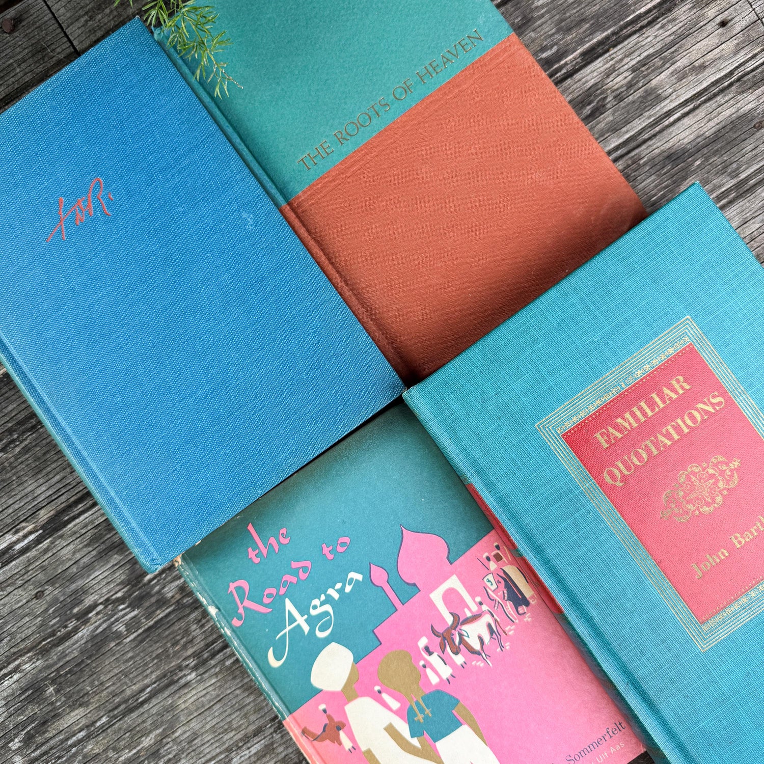 Teal Green and Coral Book Collection for Shelf Styling, Vintage Book Set