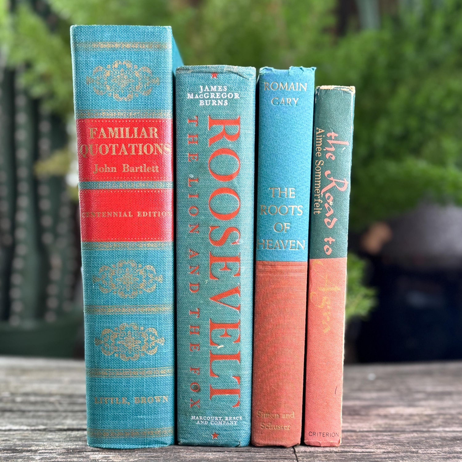 Teal Green and Coral Book Collection for Shelf Styling, Vintage Book Set