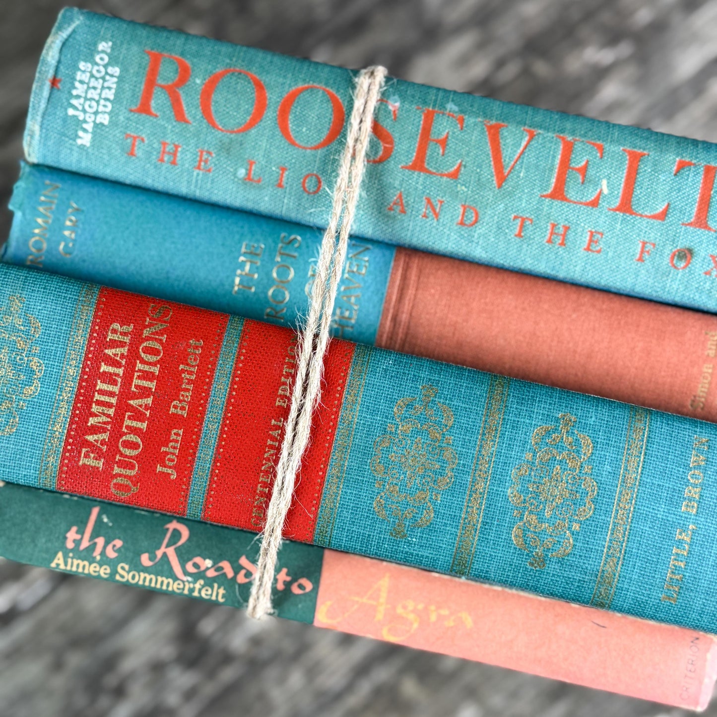 Teal Green and Coral Book Collection for Shelf Styling, Vintage Book Set