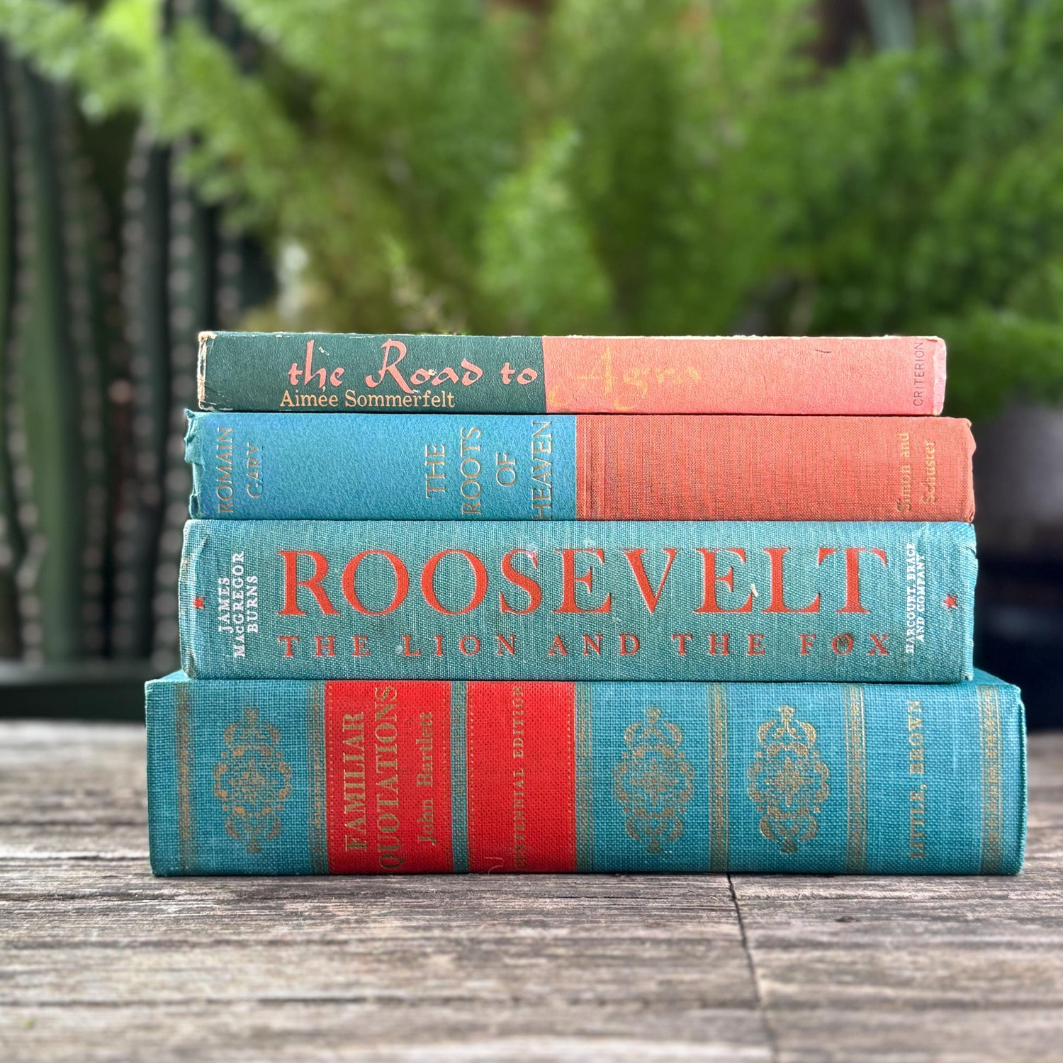 Teal Green and Coral Book Collection for Shelf Styling, Vintage Book Set