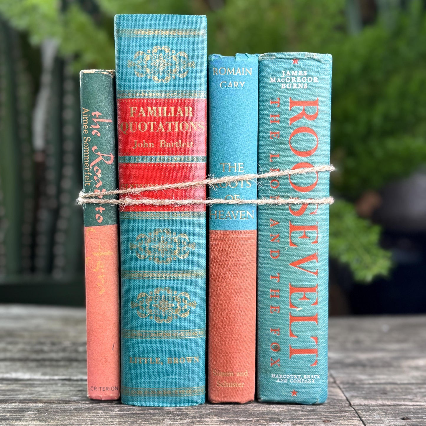 Teal Green and Coral Book Collection for Shelf Styling, Vintage Book Set
