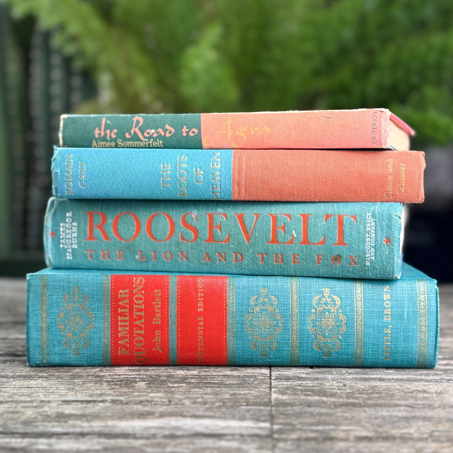 Teal Green and Coral Book Collection for Shelf Styling, Vintage Book Set