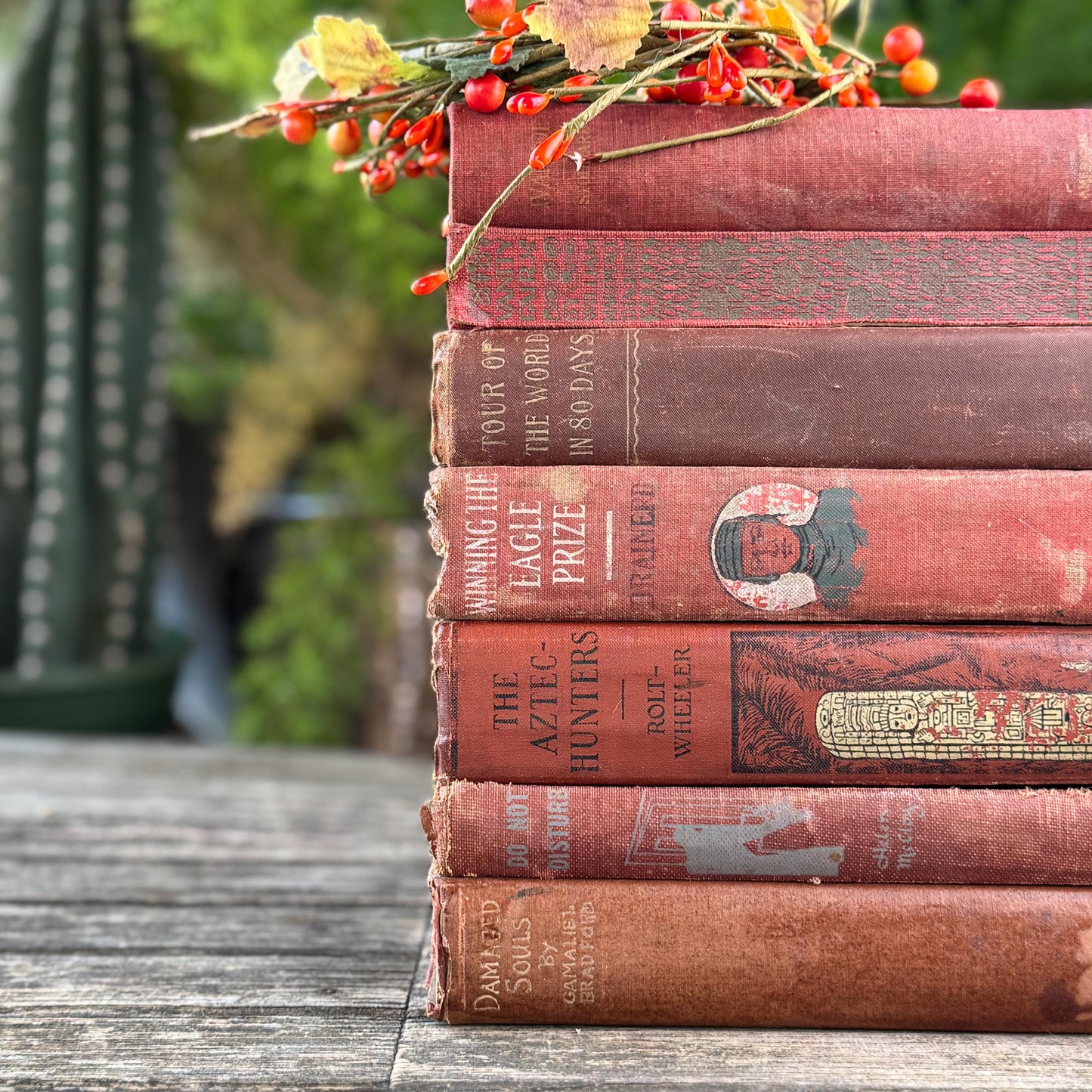 Red and Copper Antique Shabby Book Bundle for Shelf Styling