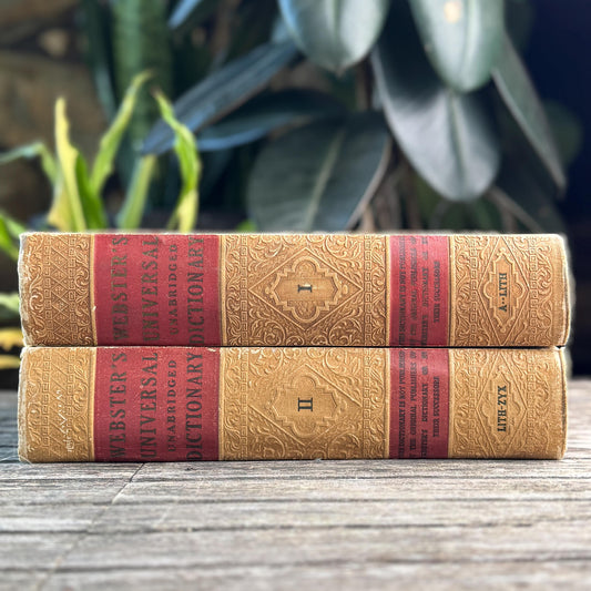 Webster's Universal Unabridged Dictionary in 2 Volumes, 1936, Ornate Gold Embossed Covers