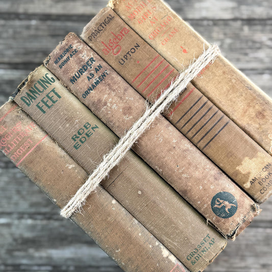Heavily Worn Distressed Antique Brown Book Bundle for Shelf Styling