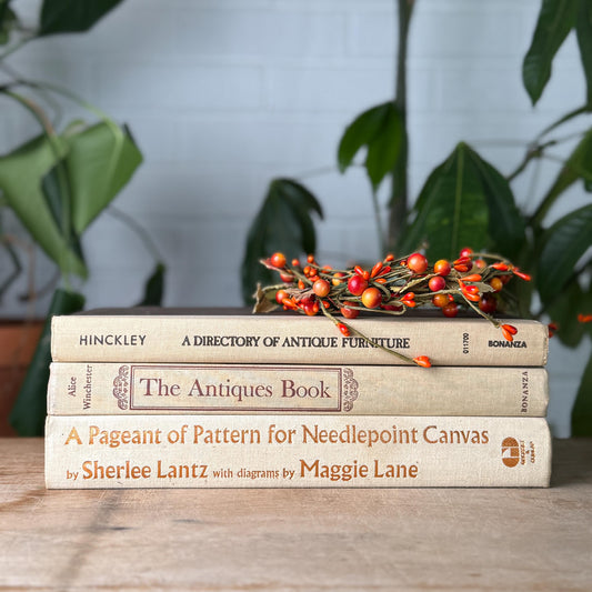 Neutral Linen Oversized Book Stack with Antiques, Furniture & Needlepoint