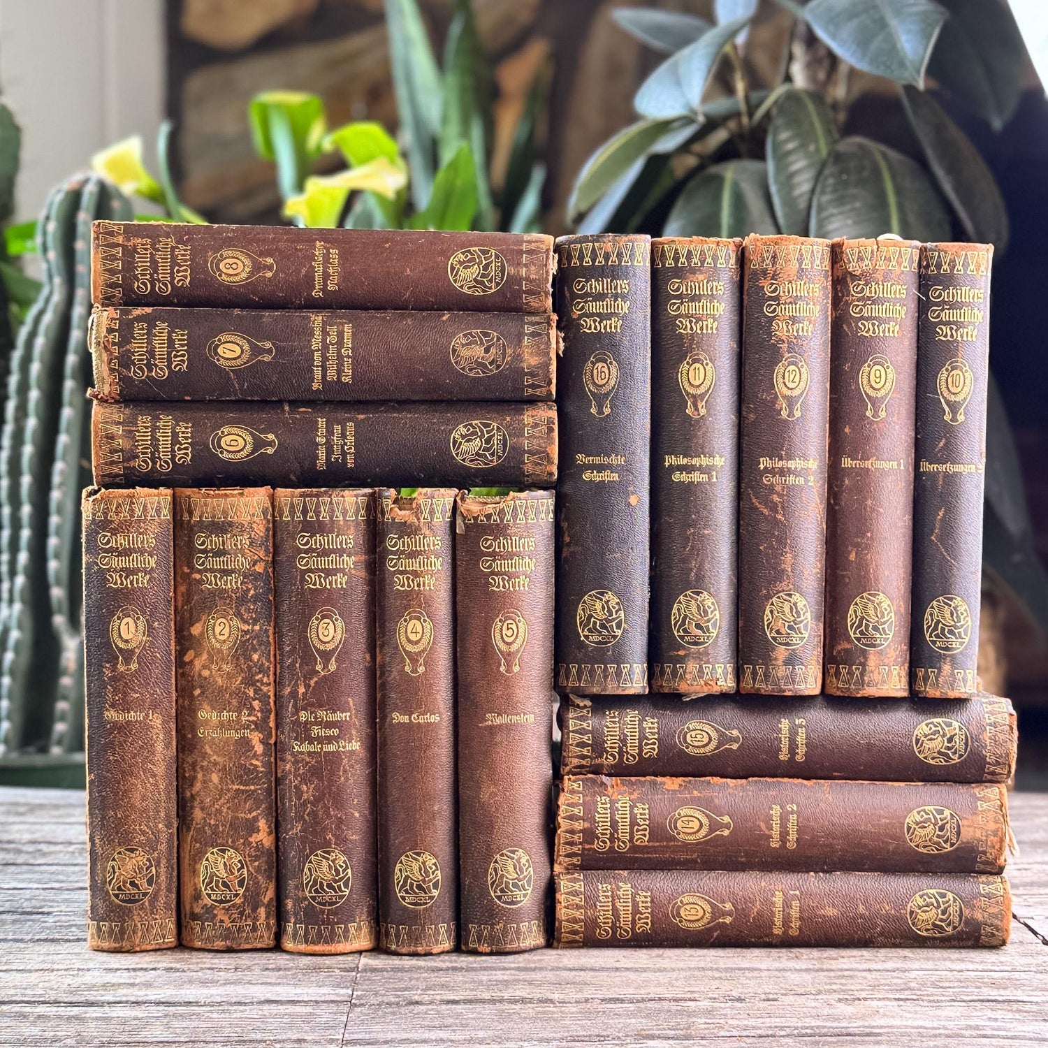 Leather and Marbled European Antique Books, Schiller's Complete Works, 16-Volume Set