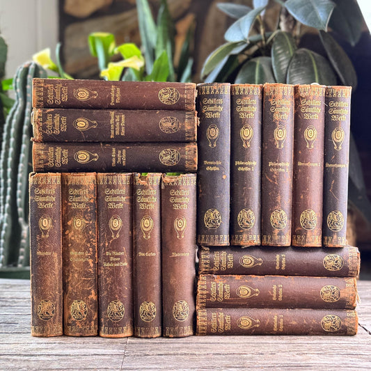 Leather and Marbled European Antique Books, Schiller's Complete Works, 16-Volume Set