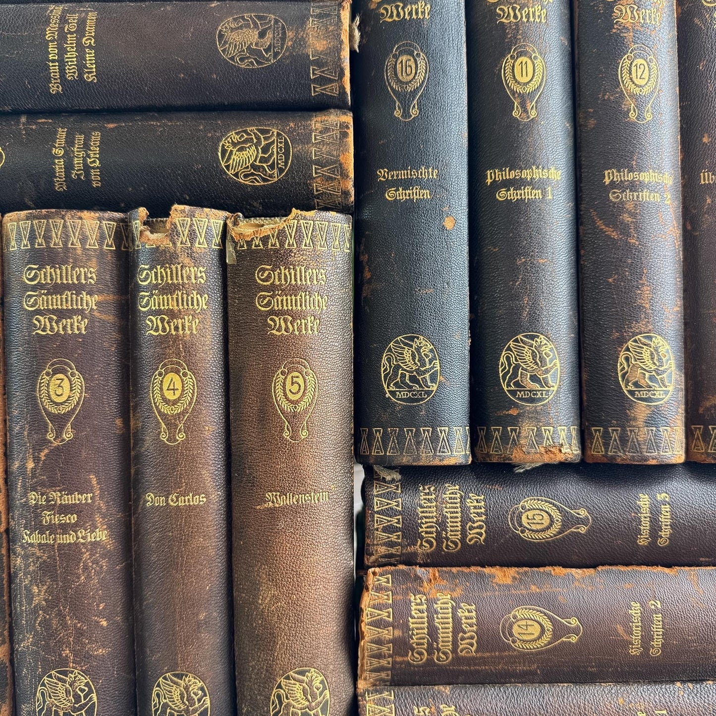 Leather and Marbled European Antique Books, Schiller's Complete Works, 16-Volume Set