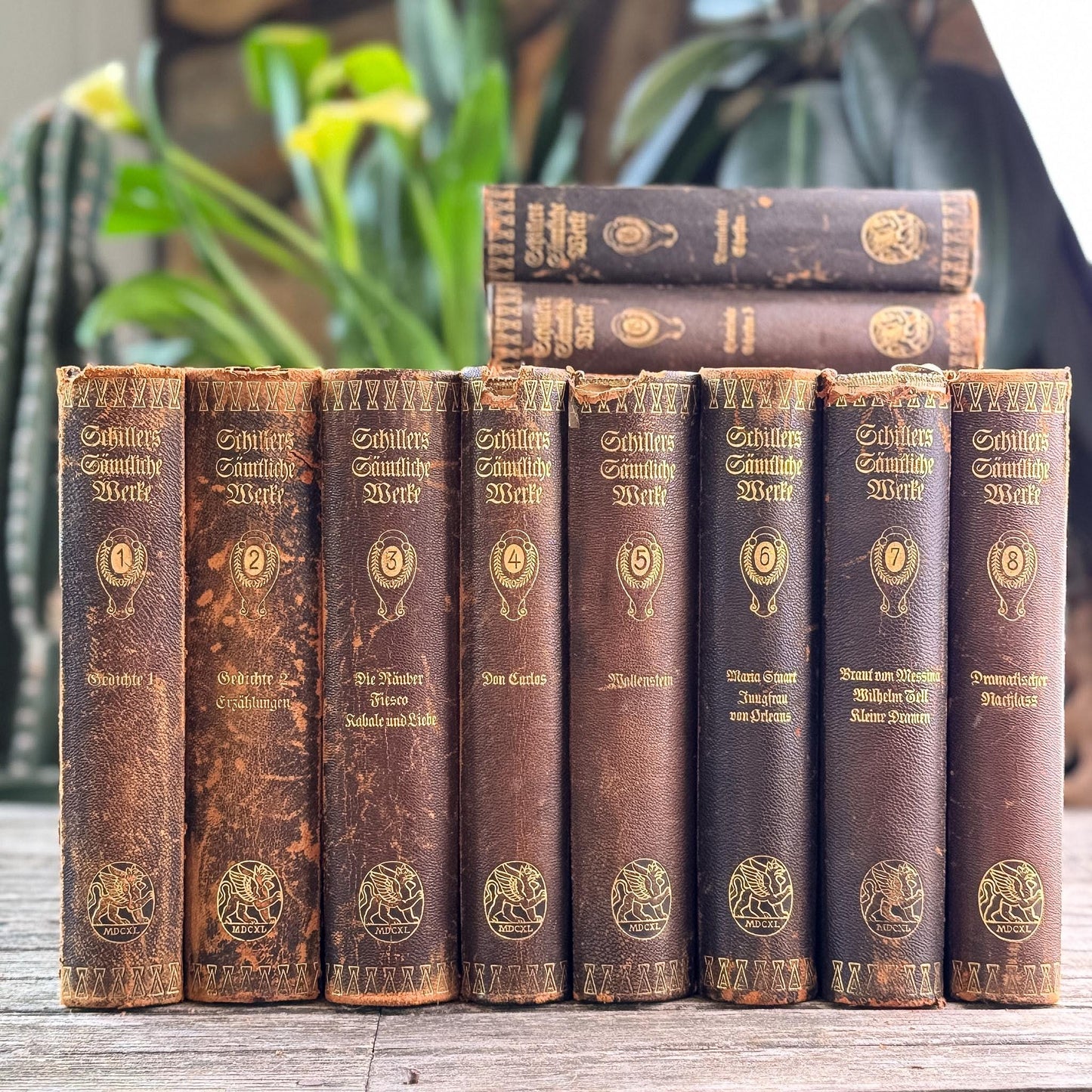 Leather and Marbled European Antique Books, Schiller's Complete Works, 16-Volume Set