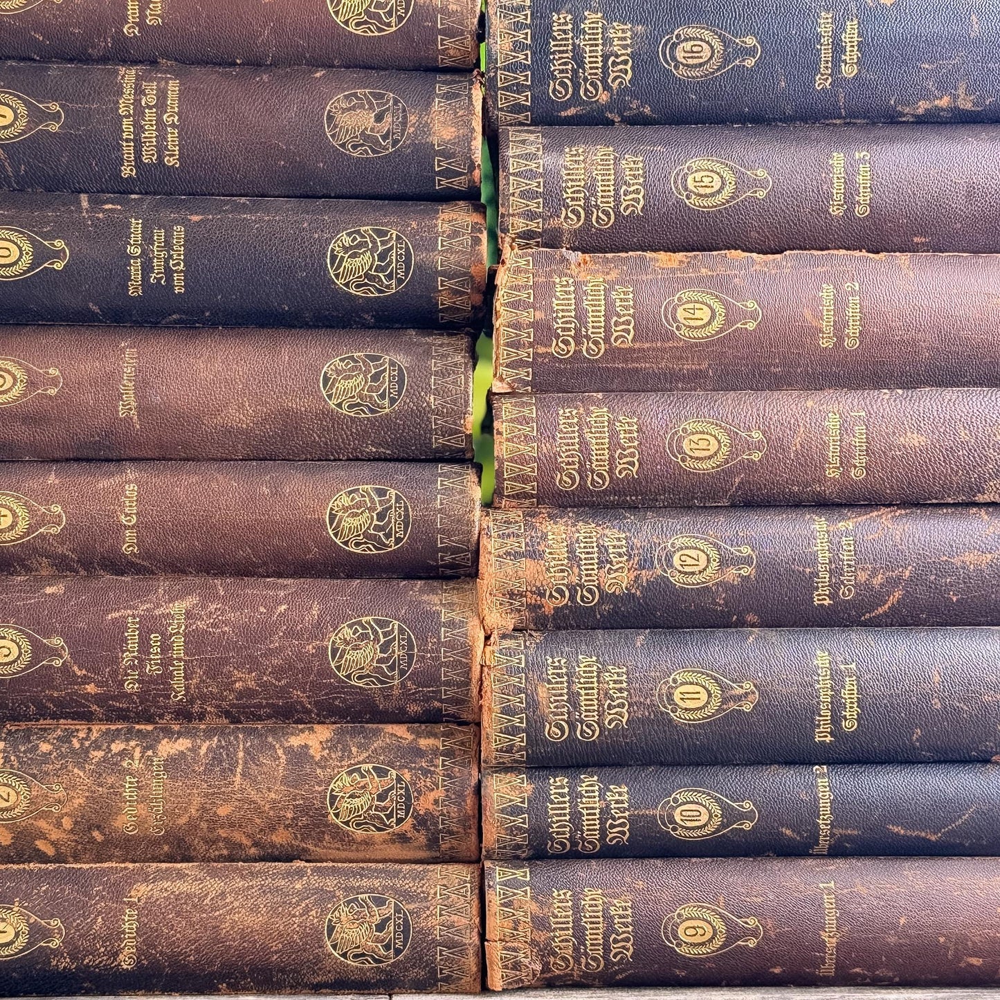 Leather and Marbled European Antique Books, Schiller's Complete Works, 16-Volume Set