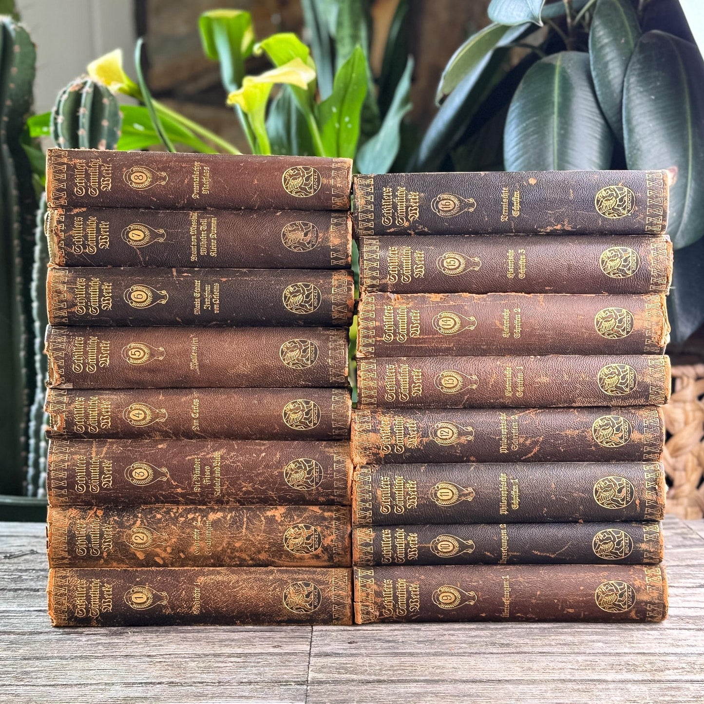 Leather and Marbled European Antique Books, Schiller's Complete Works, 16-Volume Set