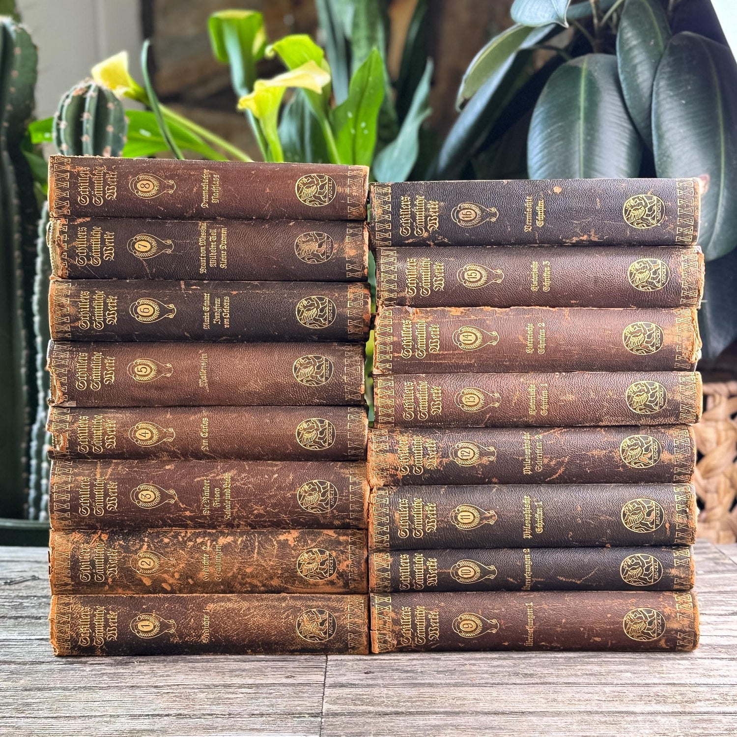 Leather and Marbled European Antique Books, Schiller's Complete Works, 16-Volume Set