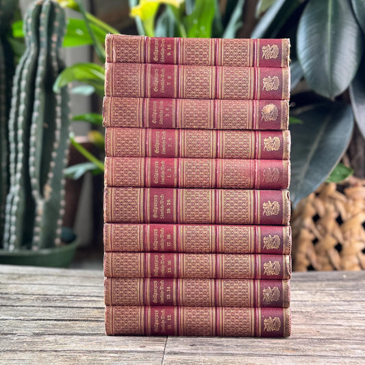Antique Crimson Gilt European Leather Books, 1900s Shelf Decor