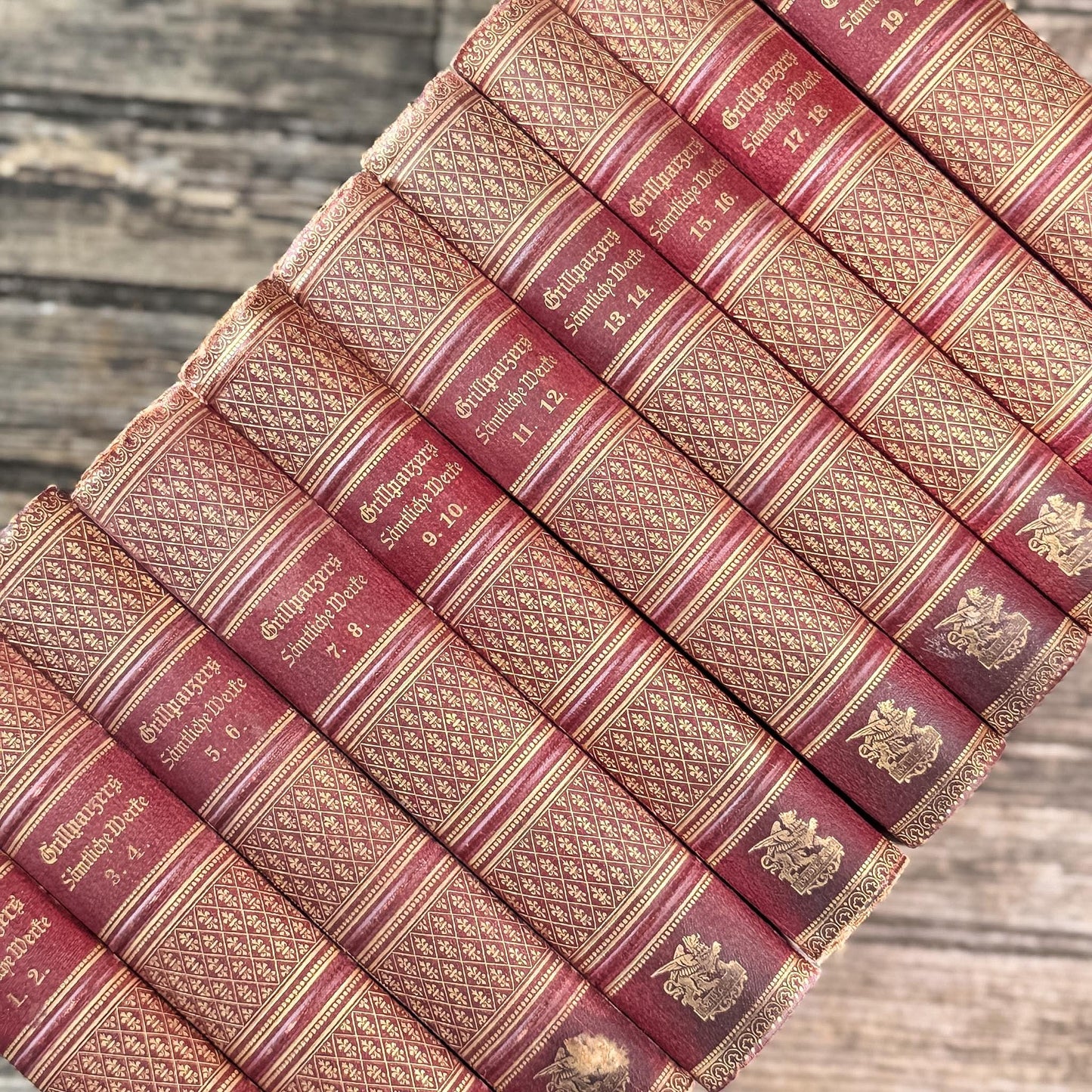 Antique Crimson Gilt European Leather Books, 1900s Shelf Decor
