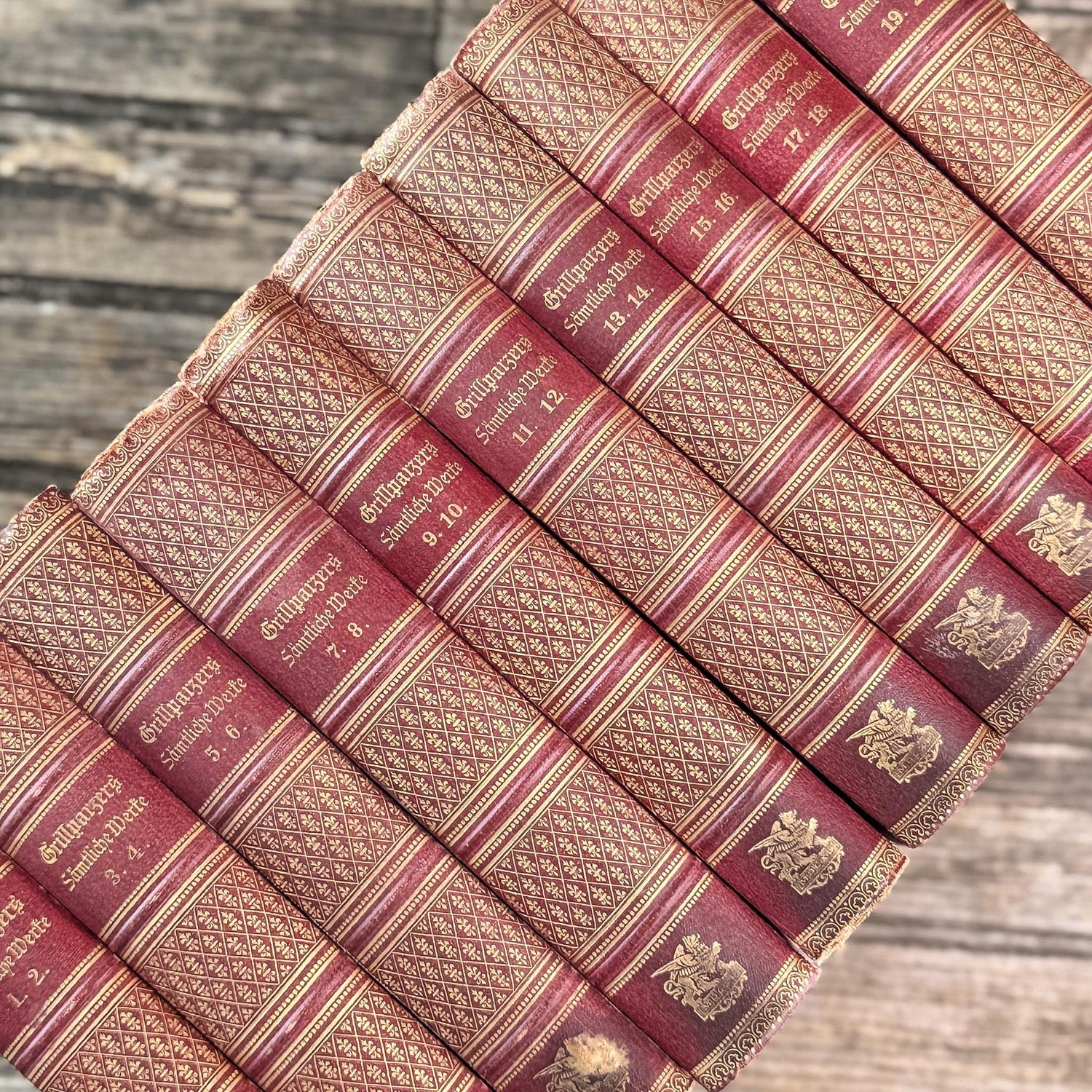 Antique Crimson Gilt European Leather Books, 1900s Shelf Decor
