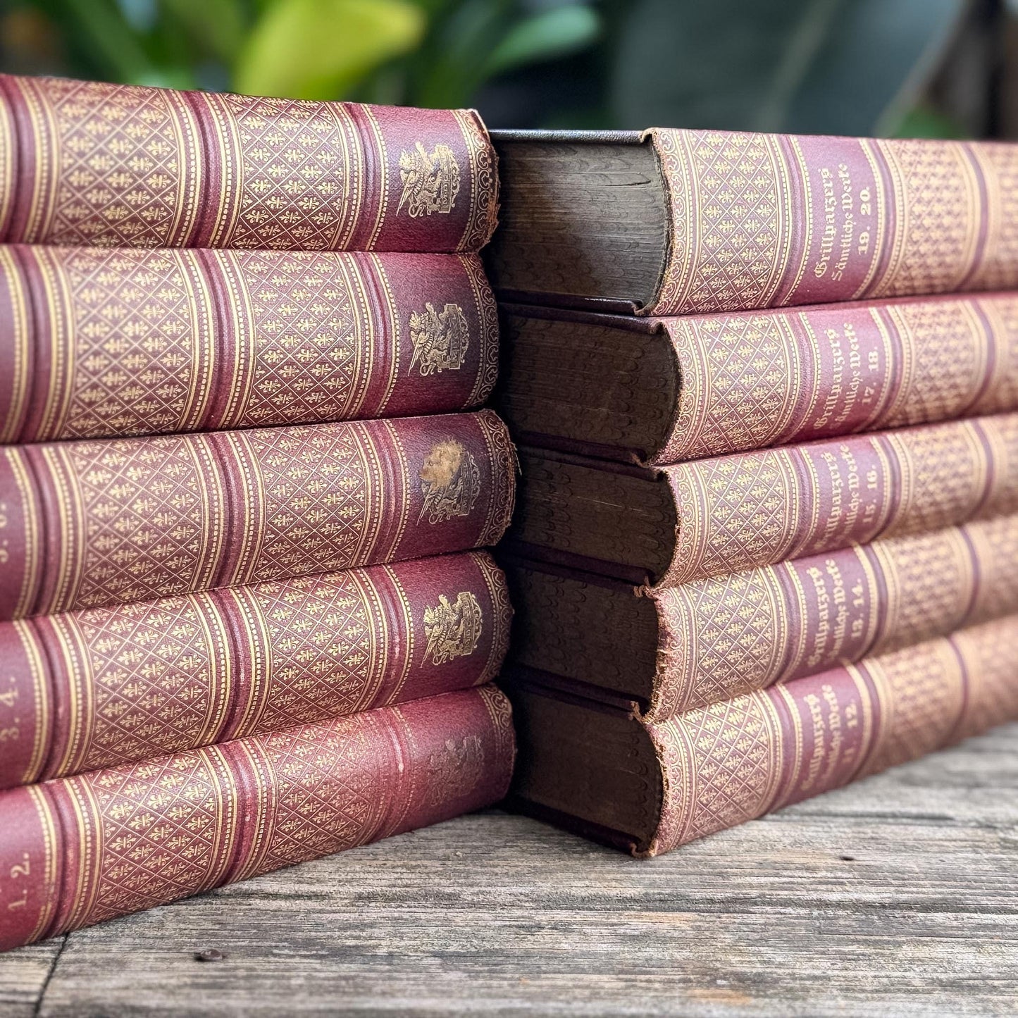 Antique Crimson Gilt European Leather Books, 1900s Shelf Decor
