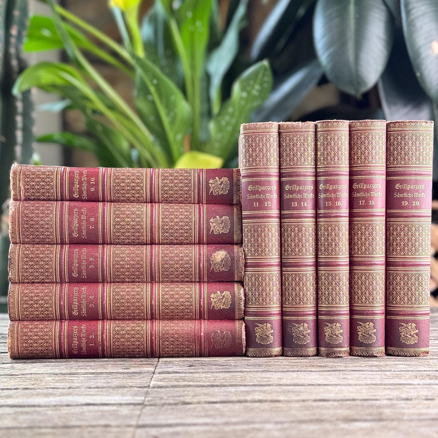 Antique Crimson Gilt European Leather Books, 1900s Shelf Decor