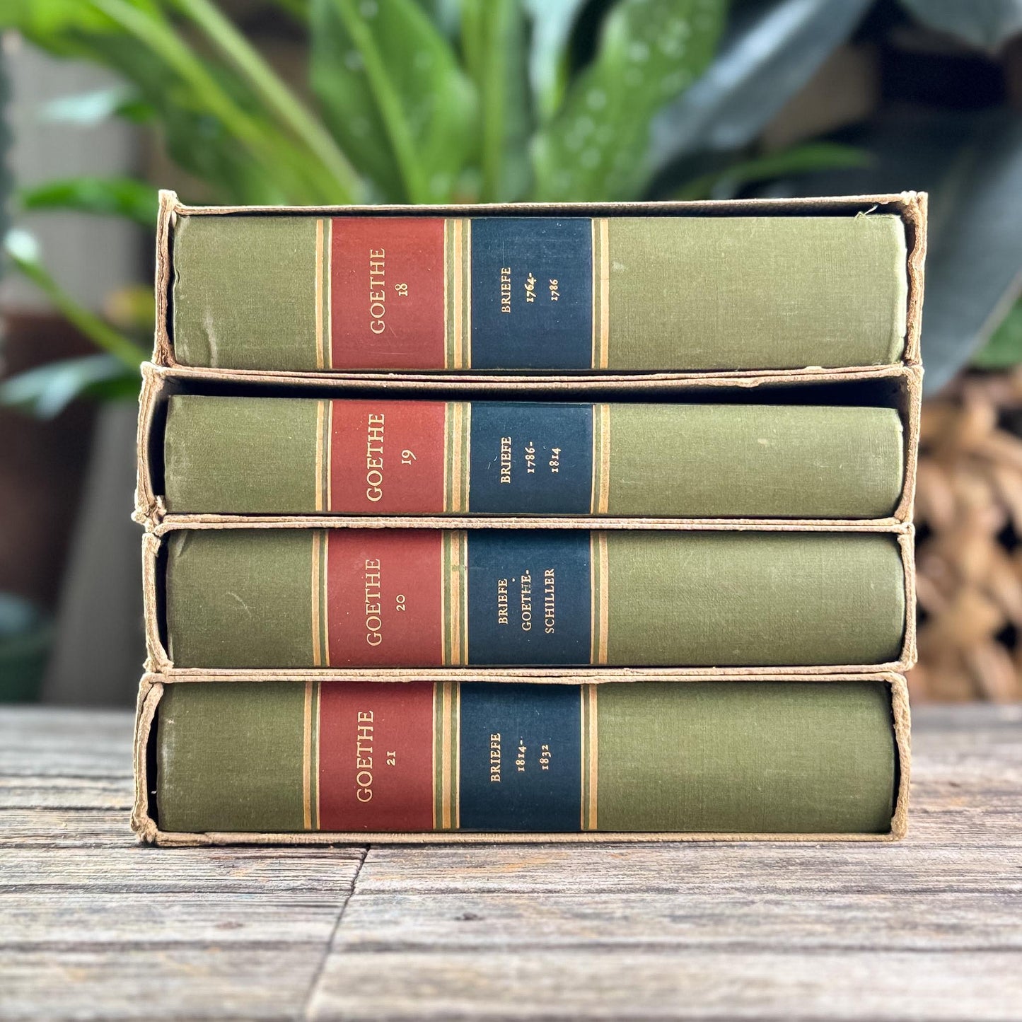 Antique European Library Set 4 Volumes, Green Cloth Slipcases, Goethe Letters