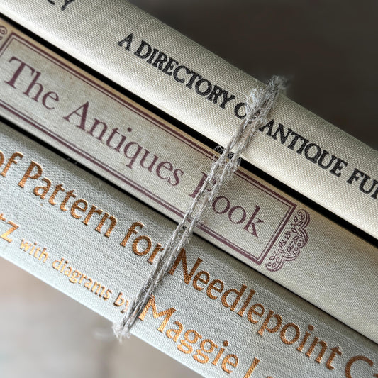 Neutral Linen Oversized Book Stack with Antiques, Furniture & Needlepoint