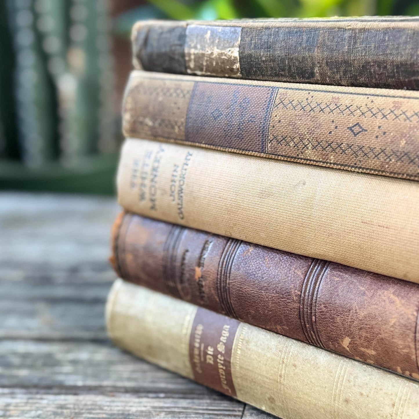 Antique Neutral Beige and Brown Linen and Leather Book Bundle