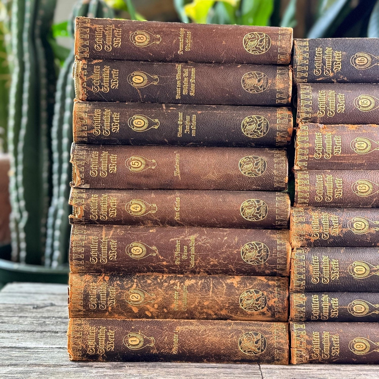 Leather and Marbled European Antique Books, Schiller's Complete Works, 16-Volume Set
