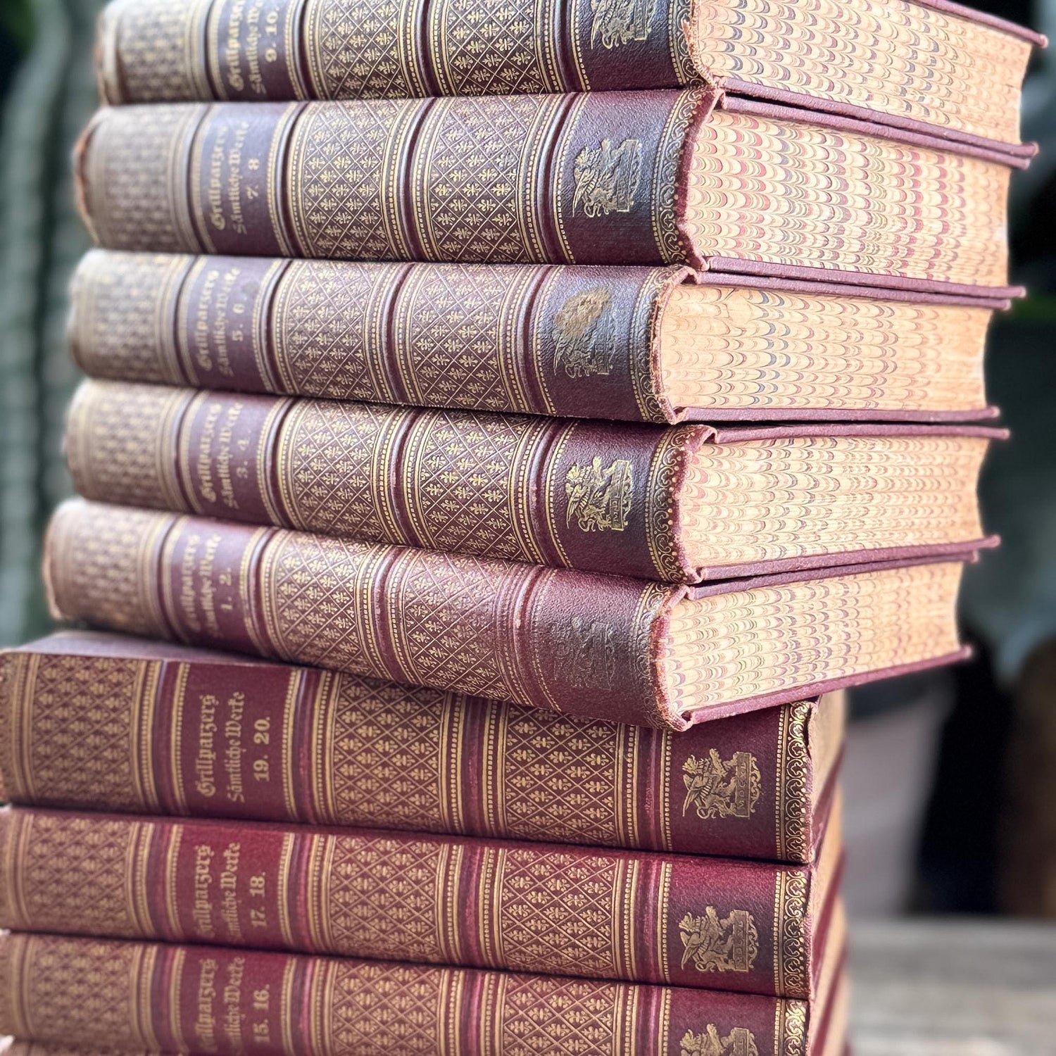 Antique Crimson Gilt European Leather Books, 1900s Shelf Decor
